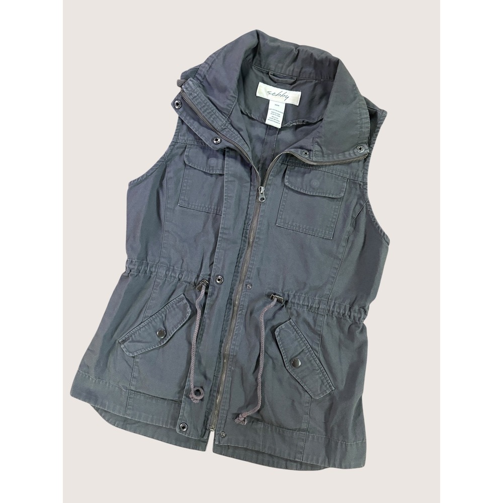 Sebby Cotton Gray Utility Cargo Vest Medium Drawstring Waist Military